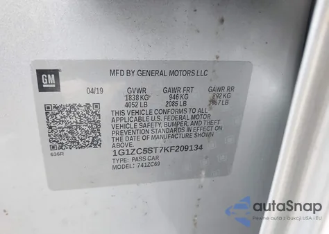 2019 Chevrolet Malibu 1Fl из США, поврежденный, VIN 1G1ZC5ST7KF209134